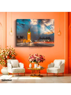 Tablofest Yatay Kanvas Tablo Londra Big Ben Saat Kulesi Şehir Mimari Tablo Ev Ofis Duvar Dekoru