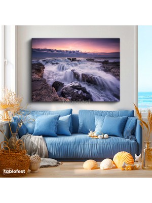 Tablofest Yatay Kanvas Tablo Dalgalı Deniz ve Kaya Şelaleleri Manzara Tablosu Ev Ofis Duvar Dekoru