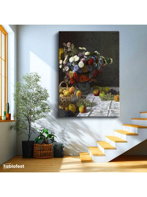 Tablofest Dikey Kanvas Tablo Claude Monet Meyveler ve Çiçekler Sepetli Natürmort Ressam Tablosu Ev Ofis Dekoru