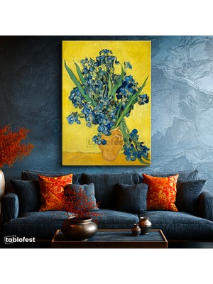 Tablofest Dikey Kanvas Tablo Vincent Van Gogh Mavi Irisler Sarı Fonlu Vazo Ressam Tablosu Ev Ofis Dekoru