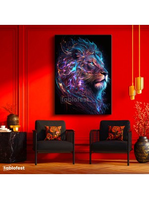 Tablofest Dikey Kanvas Tablo Neon Çizgisel Aslan Tablosu Ev Ofis Duvar Dekoru