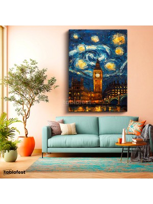 Tablofest Dikey Kanvas Tablo Londra Big Ben Fantastik Gökyüzü Şehir ve Mimari Tablo Ev Ofis Duvar Dekoru