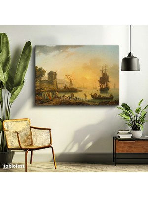 Tablofest Yatay Kanvas Tablo C.j. Vernet Sakin Liman Manzarası Kale Figürleri Ressam Tablosu Duvar Dekoru