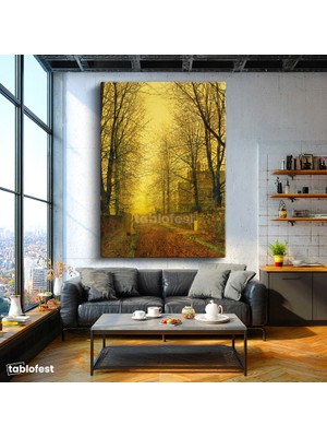 Tablofest Dikey Kanvas Tablo J.a. Grimshaw Sonbahar Yolu Yürüyen Figür Gündoğumu Ressam Tablosu Ev Ofis Dekoru