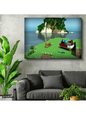 Tablofest Yatay Kanvas Tablo Deniz Kenarında Kamp Minecraft Tablosu Ev Ofis Salon Duvar Dekoru