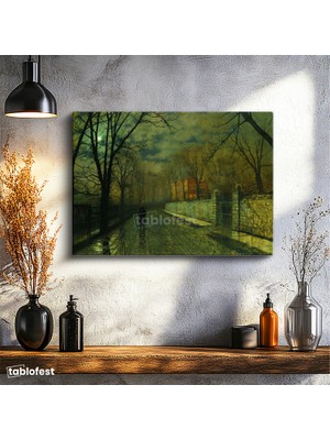 Tablofest Yatay Kanvas Tablo J.a. Grimshaw Yağmurlu Yol Gece Mehtaplı Figürler Ressam Tablosu Ev Ofis Dekoru