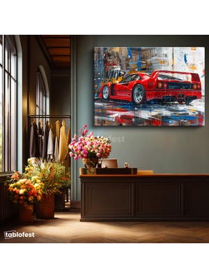 Tablofest Yatay Kanvas Tablo Ferrari F40 Yağlı Boya Görünümlü Sanat Ferrari Tablosu Ev Ofis Duvar Dekoru