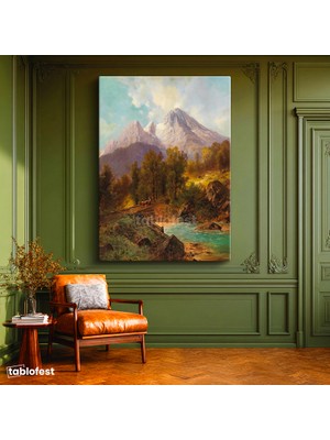 Tablofest Dikey Kanvas Tablo Andreas Achenbach Dağlık Manzara Köprülü Dere Ressam Tablosu Ev Ofis Dekoru