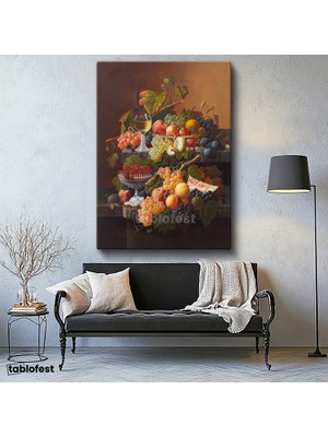 Tablofest Dikey Kanvas Tablo Severin Roesen Beyaz Şaraplı Kadeh Çilek Üzüm Ressam Tablosu Ev Ofis Dekoru