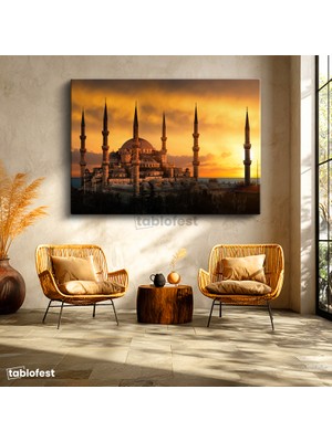 Tablofest Yatay Kanvas Tablo Sultanahmet Camii Gün Batımı Silüeti Şehir Mimari Tablo Ev Ofis Duvar Dekoru