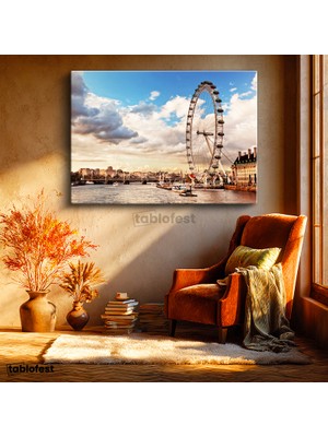 Tablofest Yatay Kanvas Tablo Londra London Eye Dönme Dolap Şehir Mimari Tablo Ev Ofis Duvar Dekoru