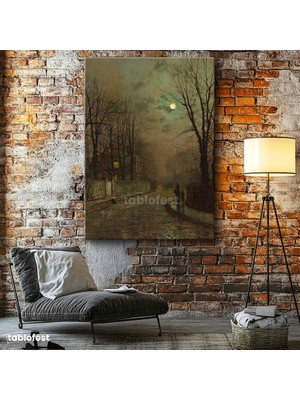 Tablofest Dikey Kanvas Tablo J.a. Grimshaw Islak Sokak At Arabalı Figür Dolunay Ressam Tablosu Ev Ofis Dekoru