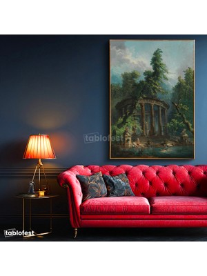 Tablofest Dikey Kanvas Tablo Hubert Robert Antik Tapınak Figürlü Göl Manzarası Ressam Tablosu Ev Ofis Dekoru