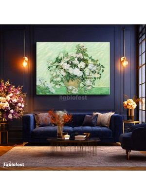 Tablofest Yatay Kanvas Tablo Van Gogh Beyaz Güller Vazo Çiçekli Natürmort Ressam Tablosu Ev Ofis Duvar Dekoru