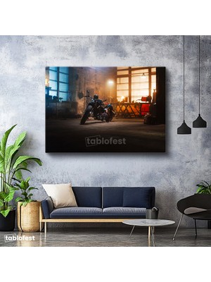 Tablofest Yatay Kanvas Tablo Custom Chopper Motosiklet Garaj Atölyesi Motosiklet Tablosu Ev Ofis Duvar Dekoru