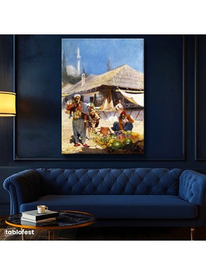 Tablofest Dikey Kanvas Tablo Pazar Yerinde Kavun Karpuz Satıcısı Osmanlı Tablosu Ev Ofis Duvar Dekoru