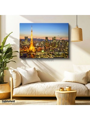 Tablofest Yatay Kanvas Tablo Tokyo Kulesi ve Gökdelenler Şehir Mimari Tablo Ev Ofis Duvar Dekoru