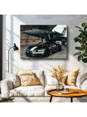Tablofest Yatay Kanvas Tablo Bugatti Chiron Sport ve Rafale Savaş Jeti Bugatti Tablosu Ev Ofis Duvar Dekoru