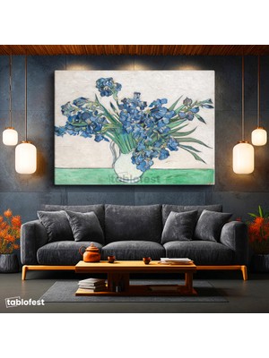 Tablofest Yatay Kanvas Tablo Van Gogh Beyaz Vazoda Mavi Irisler Ressam Tablosu Ev Ofis Duvar Dekoru
