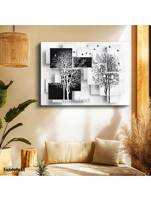 Tablofest Yatay Kanvas Tablo Kuş ve Ağaç Silüetleri Modern Sanat Tablosu Ev Ofis Duvar Dekoru