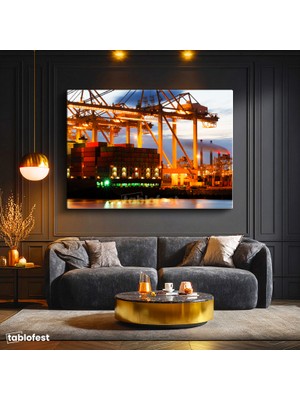 Tablofest Yatay Kanvas Tablo Yükleme Vinçleri ve Konteynerler Lojistik Uzmanı Tablosu Ev Ofis Duvar Dekoru