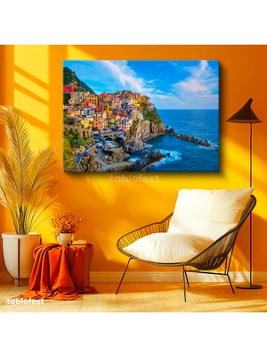 Tablofest Yatay Kanvas Tablo Italya Cinque Terre Sahil Kasabası Şehir Mimari Tablo Ev Ofis Duvar Dekoru