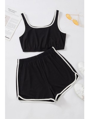 Hace Bazaar Kadın Siyah Askılı Crop Top ve Şortlu Gecelik Takım
