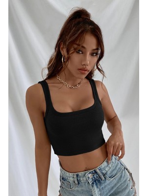 Hace Bazaar Kadın Siyah Kalın Askılı Crop Top Büstiyer