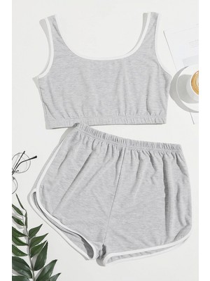 Hace Bazaar Kadın Gri Askılı Crop Top ve Şortlu Gecelik Takım