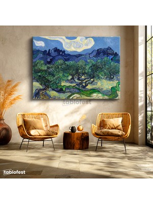 Tablofest Yatay Kanvas Tablo Van Gogh Zeytin Ağaçları Mavi Dağlar Bulutlu Ressam Tablosu Ev Ofis Duvar Dekoru