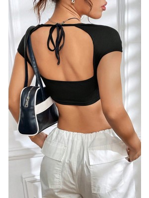 Hace Bazaar Kadın Siyah Sırt Dekolteli ve Boyundan Bağlamalı Yarım Kol Crop Top Bluz