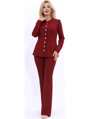 Önder Özsoy Sıfır Yaka Boydan Düğmeli Ceket & İspanyol Paça Pantolon-Bordo - 1064530