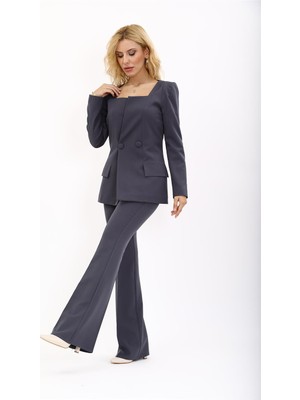 Önder Özsoy Kare Yaka Ceket & İspanyol Paça Pantolon-Füme - 1075530