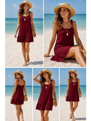 Cm Store Kadın Bordo Askılı Bol Kesim Fırfırlı Plaj Elbisesi