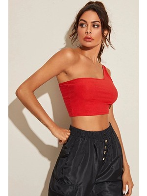 Cm Store Kadın Kırmızı Tek Omuz Crop Büstiyer