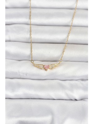 Shopwave 316L Çelik Zincir Gold Renk Kanatlı Pembe Kalp Model Kadın Kolye