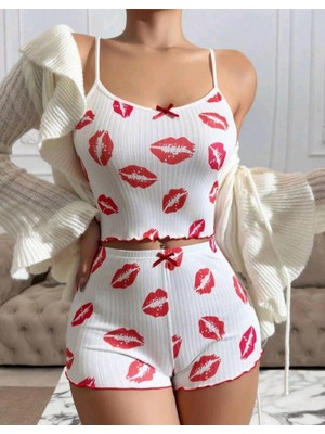 Hace Bazaar Kadın Beyaz Dudak Desenli Seksi Gecelik Takım 6642