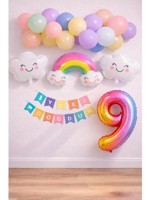 Uravas Store 9 Yaş Gökkuşağı Bulut Konsepti Doğum Günü Parti Kutlama Seti