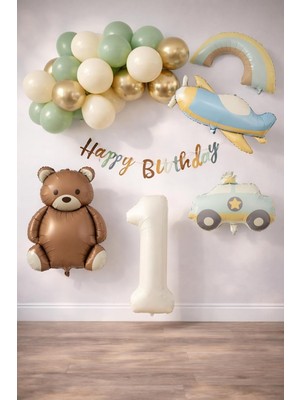 Uravas Store Retro 1 Yaş Doğum Günü Seti; Uçak, Araba, Gökkuşağı, Ayıcık ve 20 Adet Lateks Balon Set