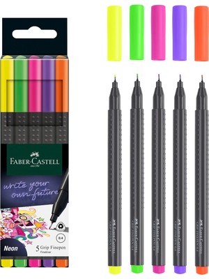 Uravas Store Faber-Castell Grip Finepen Ince Keçe Uçlu Kalem Seti, 5’li, Neon Renkler, 0.4 Mm, Metal Destekli, Ergonomik Üçgen Gövde