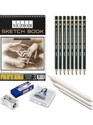 Uravas Store Eskiz Set A5 50 Yaprak Eskiz Defteri Hamur Silgi Sınav Silgisi Kalemtıraş 3’lü Pastel Dağıtıcı (Gölgelendirme Kalemi) 7 Adet Dereceli Kalem Sanatsal Çizim ve Eskiz Seti Karakalem Teknik Çizim