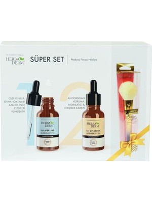 Uravas Store Herbaderm Süper Set Superserum Aha-Peeling 30 ml + Saf Vitamin C 30 ml + Hediye Makyaj Fırçası