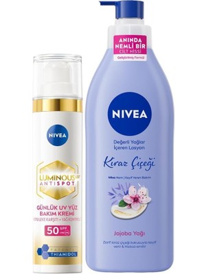 Uravas Store Nıvea LUMINOUS630 Thiamidol Etkili Leke Karşıtı Gündüz Yüz Bakım Kremi 40ML ve Kiraz Çiçeği Nemlendirici Vücut Losyonu 400ML