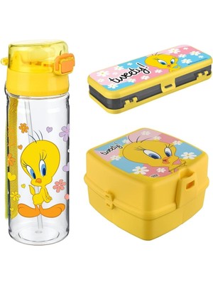 Uravas Store 3'lü Okul Seti Suluk ve Kare Beslenme Seti ve Kalemlik - Sızdırmaz Suluk ve Çok Bölmeli Beslenme Kutusu ve Kalemlik (Tweety)