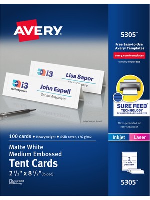Uravas Store Avery Emin Besleme Teknolojisine Sahip Yazdırılabilir Çadır Kartları, 2,5 "x 8,5", Kabartmalı Kenarlıklı Beyaz, Lazer Veya Mürekkep Püskürtmeli Yazıcılar Için 100 Boş Yer Kartı (05305)