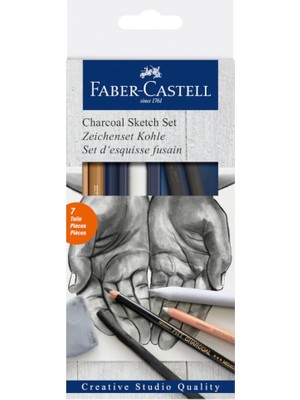 Uravas Store Faber-Castell Kömür Sketch Seti, 7 Parça, Kara Kalem Çizim ve Eskiz Için, Yüksek Kalite, Silgi ve Karıştırma Kalemi Dahil