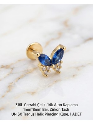 Uravas Store 316L Cerrahi Çelik Altın Kaplama Tragus Helix Küpe Piercing Kararmaz Alerji Yapmaz Zirkon Taşlı Küpe Bar 8 mm Unisex Tekli Küpe Kadın Erkek Uyumlu Cartilage Kıkırdak Piercing