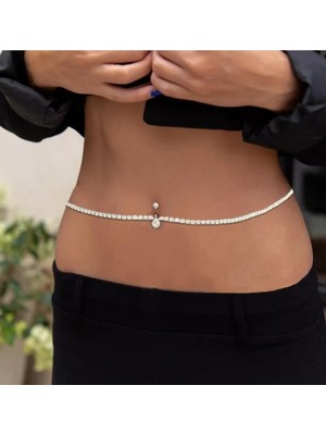 Uravas Store Takıconcept Taşlı Bel Zincirli Çelik Göbek Piercing, Gümüş