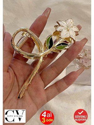 Uravas Store Beyaz Çiçek Model Metal Mandal Toka Büyük Boy