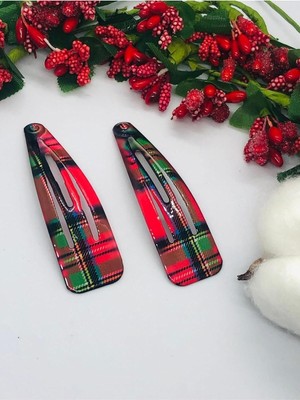 Uravas Store Çok Şık Kırmızı Ekose Desenli Çıtçıtlı Saç Tokası 2'li (7 Cm) Çıtçıtlı Toka Çok Renkli Tek Ebat